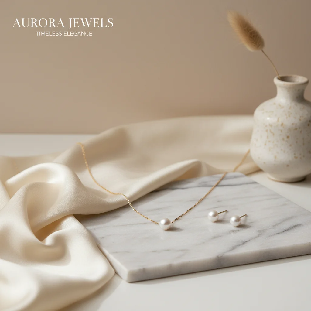 AI-generated jewelry product photo of a pearl necklace and earrings styled on marble with silk, made with Slashlink