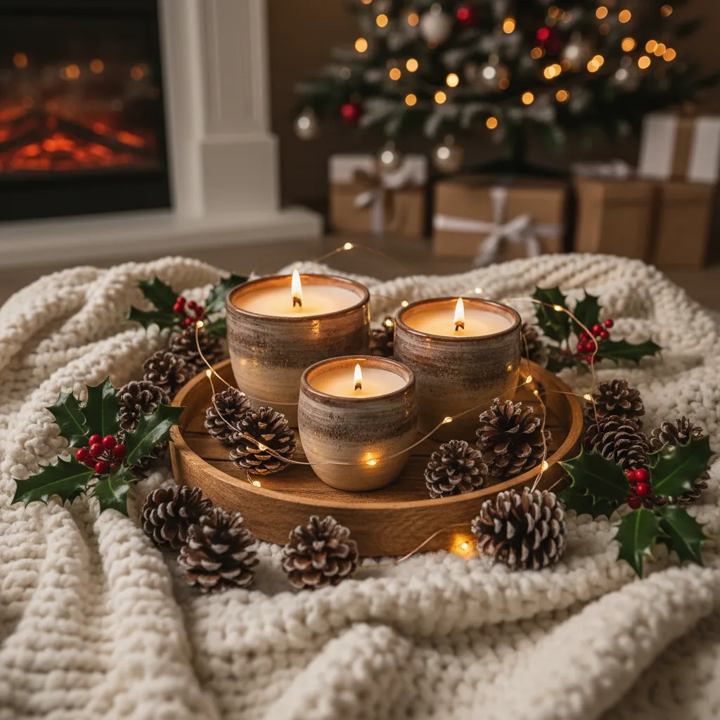 AI-generated candle product photo in a cozy holiday lifestyle scene with warm string lights, made with Slashlink