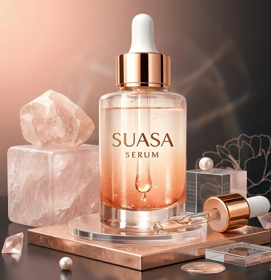 AI-generated skincare serum product photo on a styled rose-gold podium with soft studio lighting, made with Slashlink