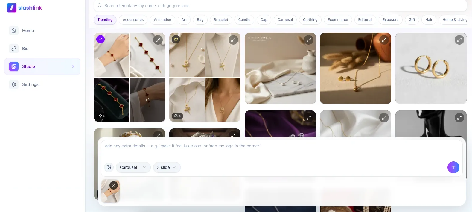 Slashlink Studio image creator showing jewelry product templates and an uploaded product photo ready to generate